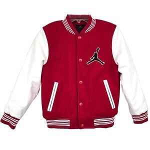 Air Jordan Flight Varsity Jacket Youth Medium Red White Lined Snap Button